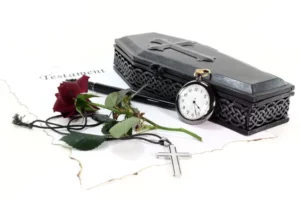 illustration cercueil, rose, et horloge pour durée de concession cimetière