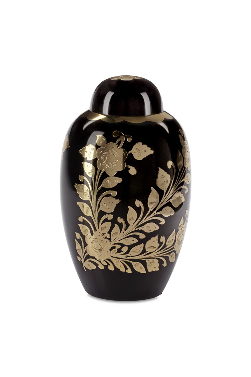 Urne cinéraire laiton fiore pour obsèques de couleur noir avec deds motifis de fleurs de couleur or
