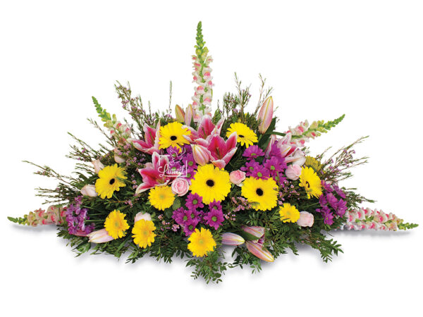 Raquette de fleurs multicolore, dominante jaune proposée par les pompes funèbres loic