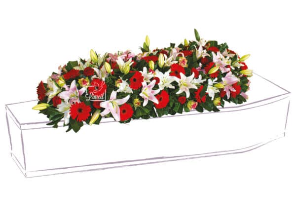 Dessus de cercueil lys rêve en fleur naturelle composée de Gerbera rouge, Lys rêve, Rose rouge, Rose rose, Lys multi blanc, Lentisque