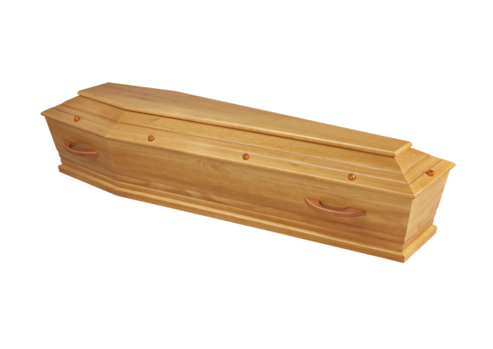 Cercueil Mareva, forme tombeau , en pin massif, demi teinte satiné avec poignées bois et cache vis boule en bois proposé par les pompes funèbres LOIC