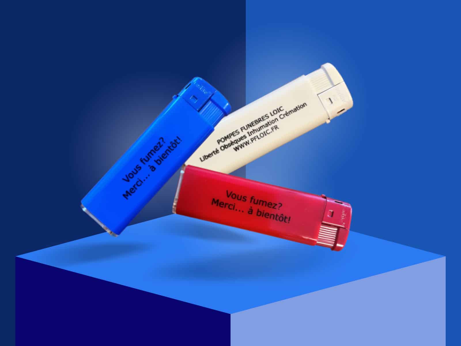 Briquet vous fumez merci à bientôt, proposez par les pompes funèbres LOIC - bleu blanc rouge